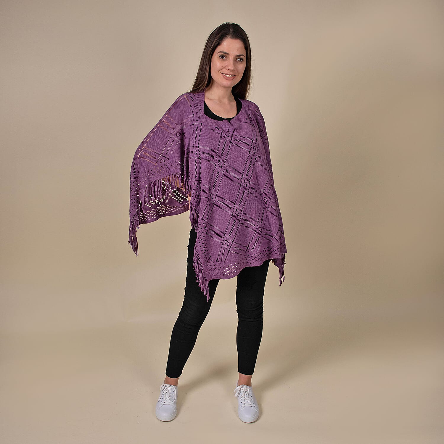 TAMSY Tassel Detailing Knitted Women's Poncho - Purple 6717454 0
