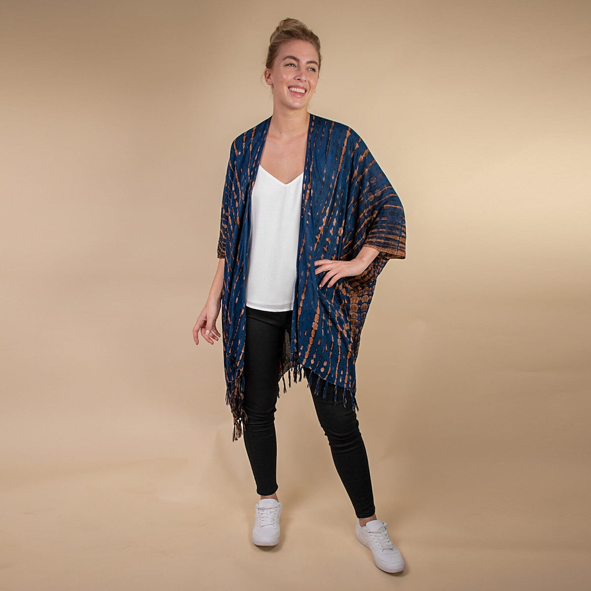 TAMSY Tassel Detailing Printed Kimono - Navy and Brown 6252708 0