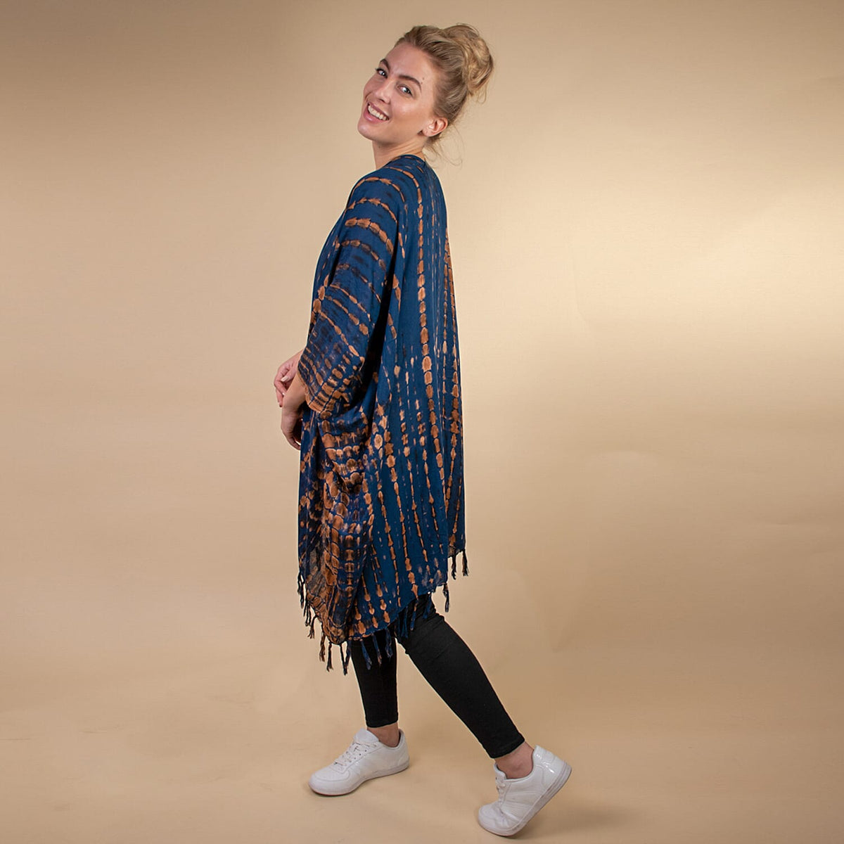 TAMSY Tassel Detailing Printed Kimono - Navy and Brown 6252708 1