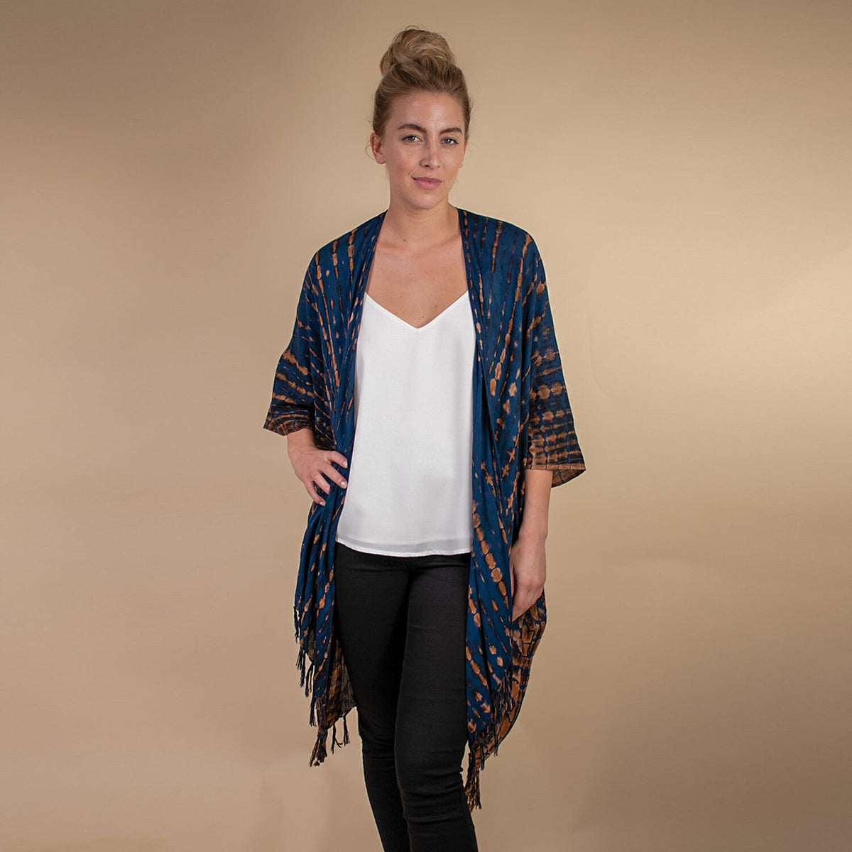 TAMSY Tassel Detailing Printed Kimono - Navy and Brown 6252708 2