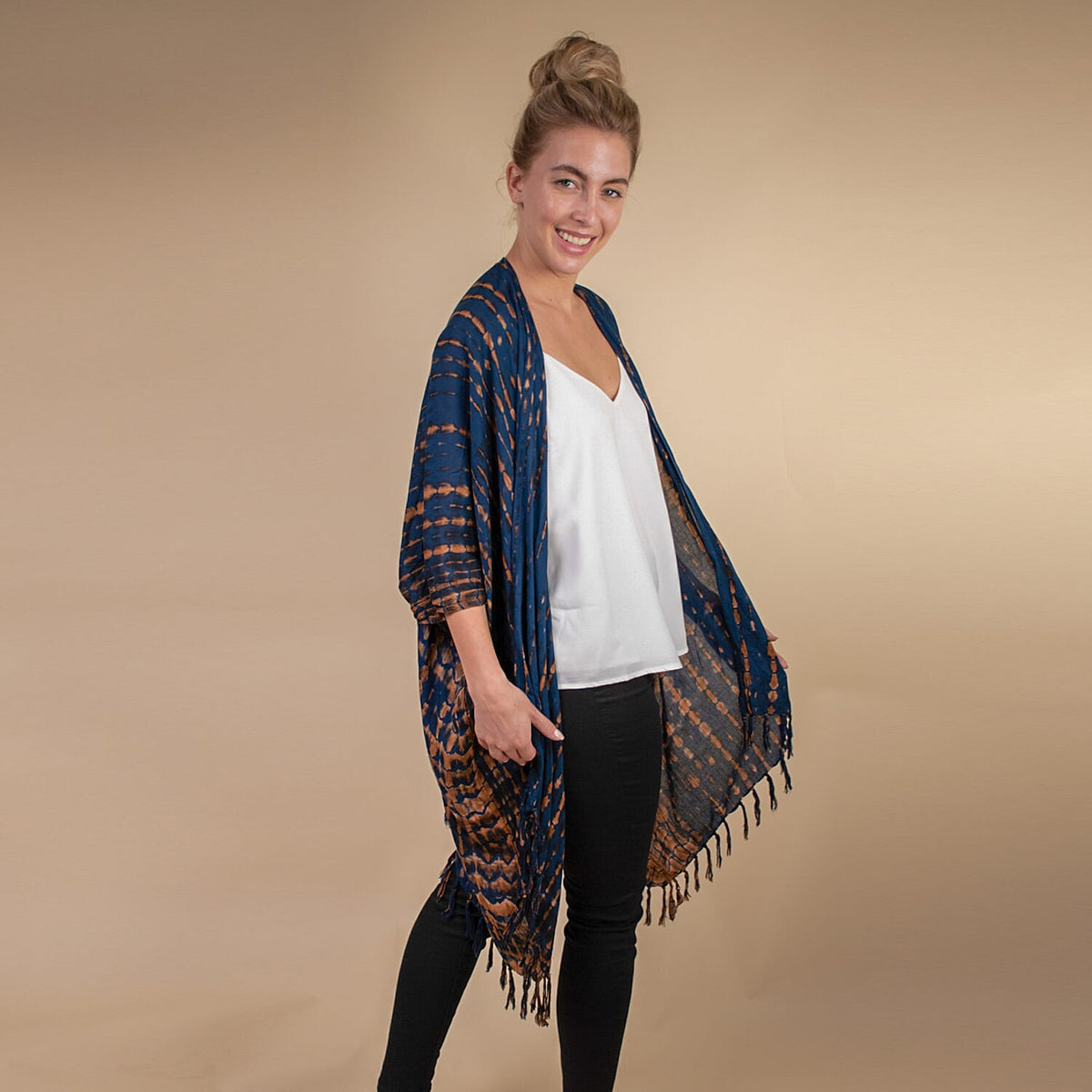 TAMSY Tassel Detailing Printed Kimono - Navy and Brown 6252708 3