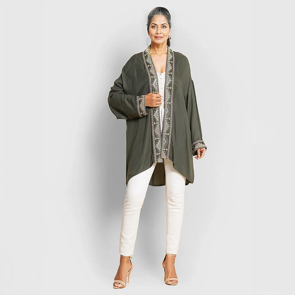 TAMSY 100% Viscose Twill Short Kimono (One Size, 8-18) - Olive