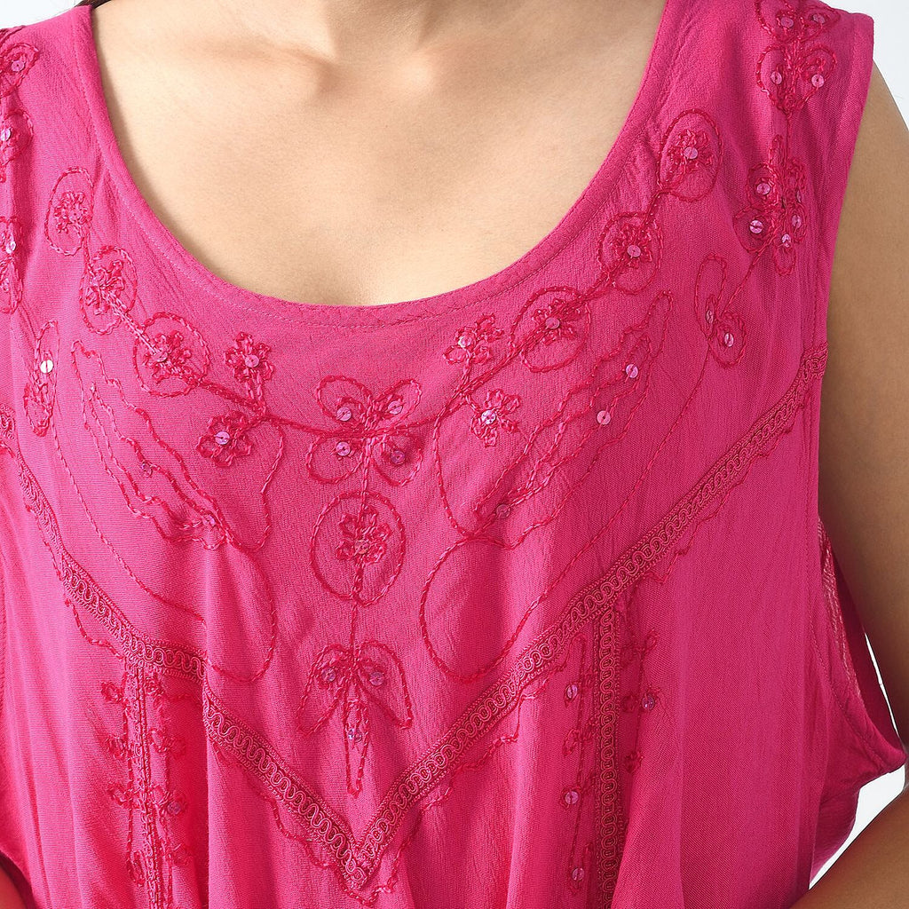 Tamsy 100% Viscose Umbrella Dress with Sequin Floral Embroidery (One Size 8-18)  - Pink