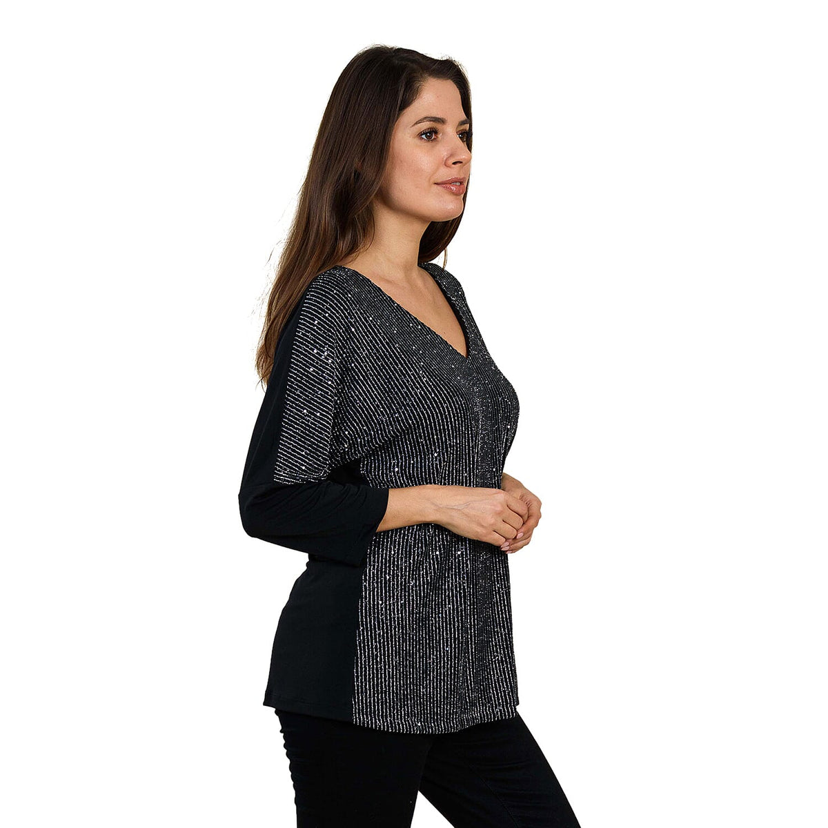 TAMSY V Neck Quarter Sleeves Sequin Women's Top 3883526 1