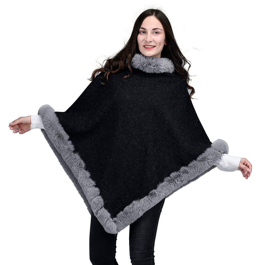TAMSY High Neck Collar V Shaped Faux Fur Poncho (Size 130x85 Cm) - Black & Light Grey