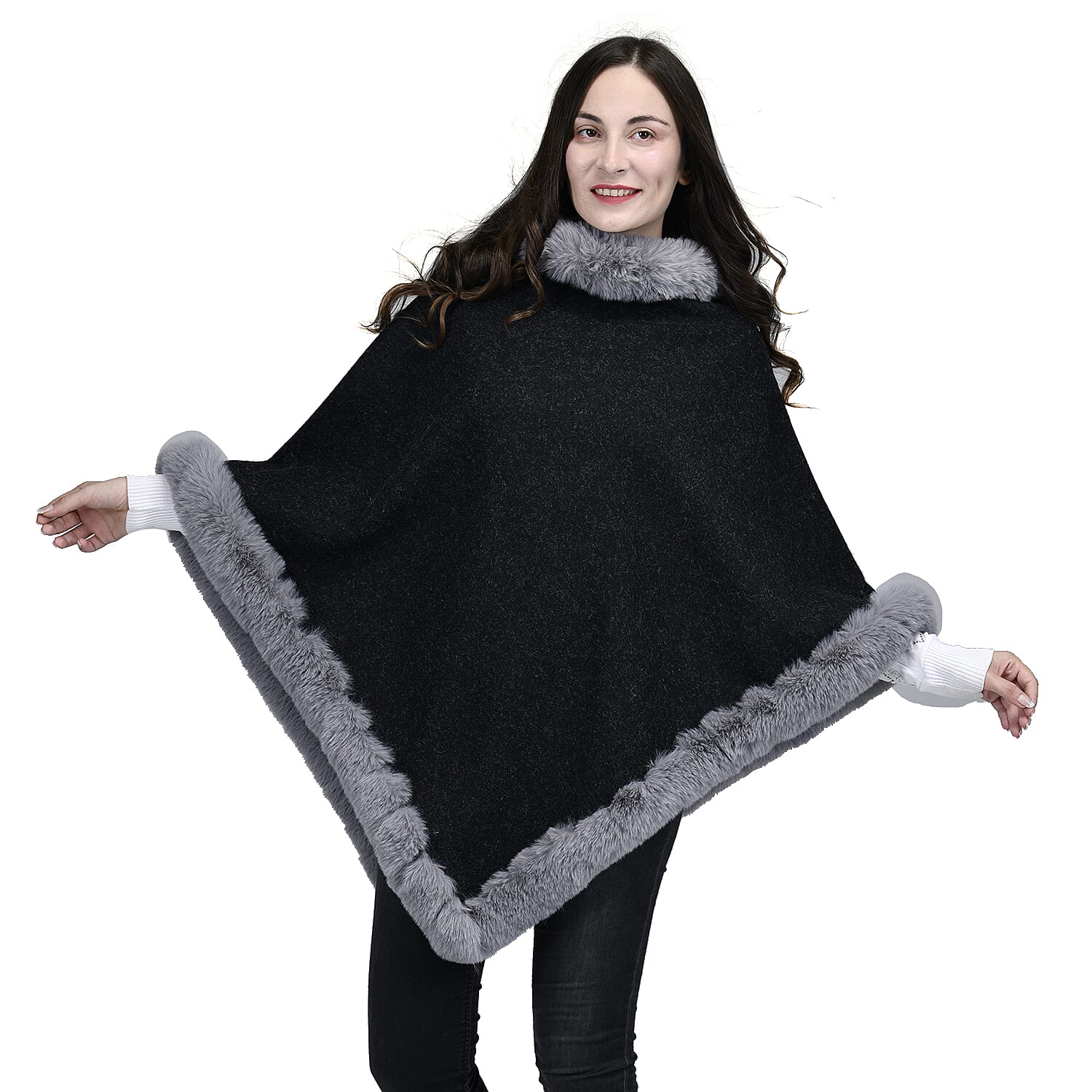 TAMSY V-Shaped Faux Fur Poncho - Black 7587609 0