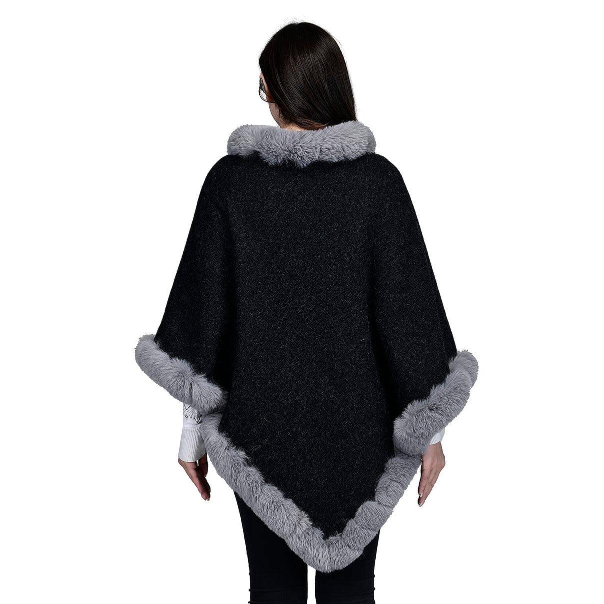 TAMSY V-Shaped Faux Fur Poncho - Black 7587609 2