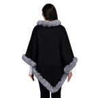 TAMSY High Neck Collar V Shaped Faux Fur Poncho (Size 130x85 Cm) - Black & Light Grey
