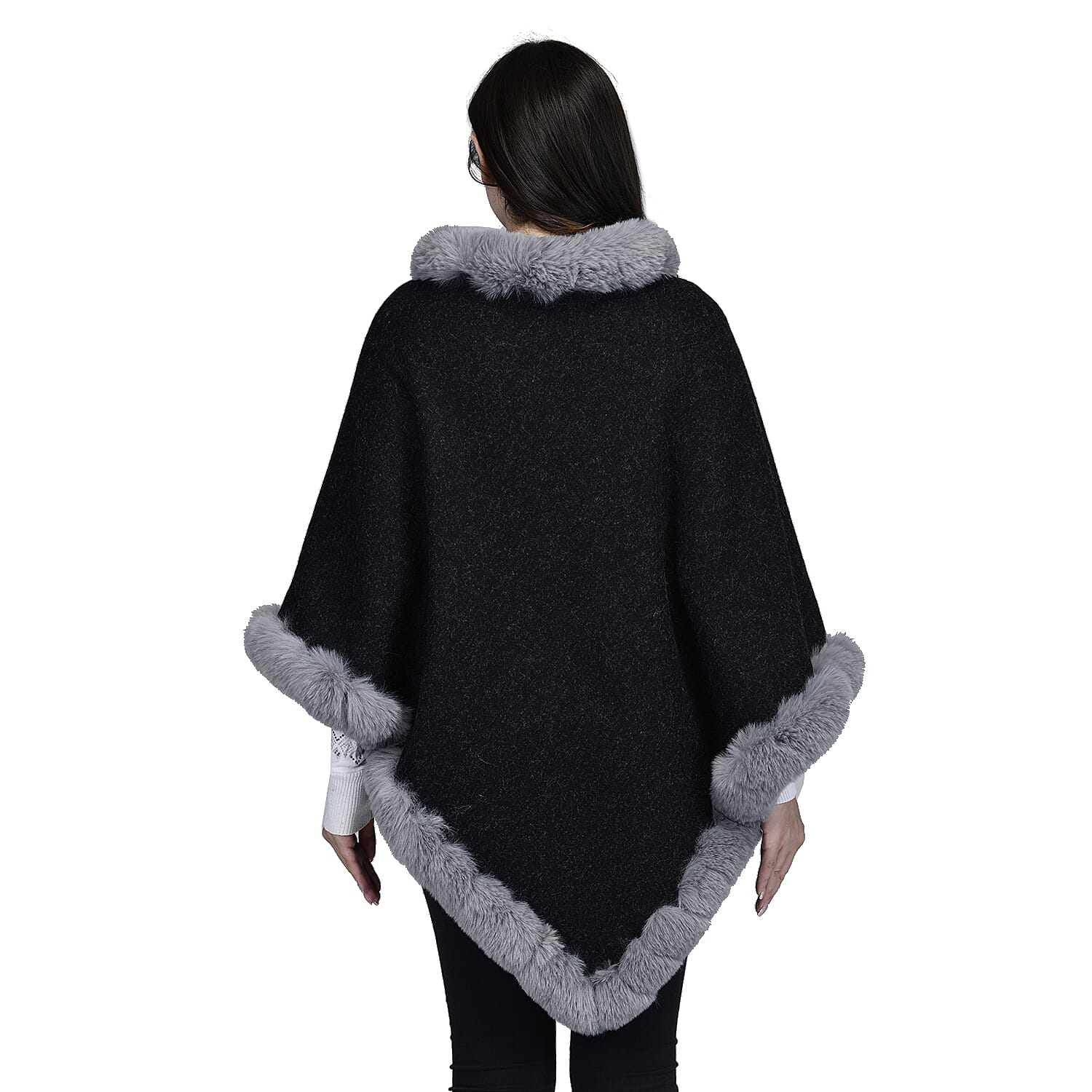 TAMSY V-Shaped Faux Fur Poncho - Black 7587609 2