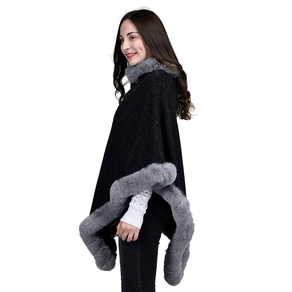 TAMSY High Neck Collar V Shaped Faux Fur Poncho (Size 130x85 Cm) - Black & Light Grey