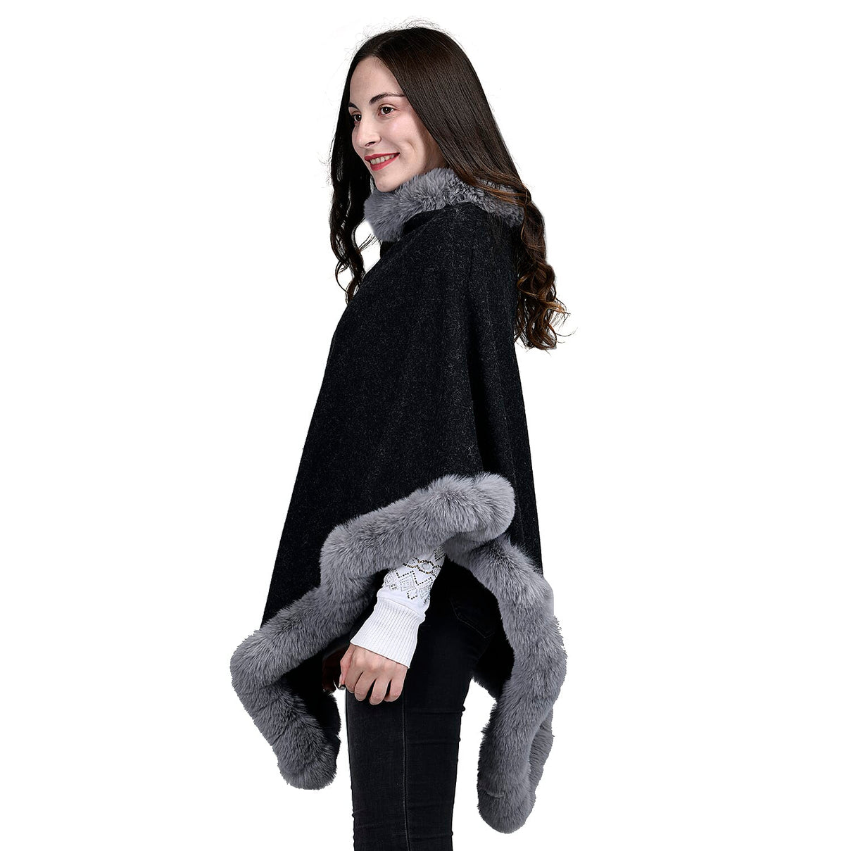 TAMSY V-Shaped Faux Fur Poncho - Black 7587609 3