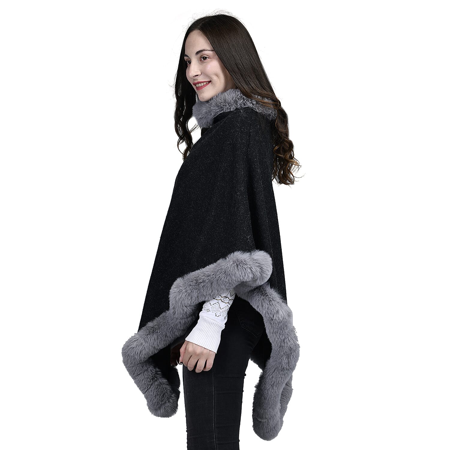 TAMSY V-Shaped Faux Fur Poncho - Black 7587609 3