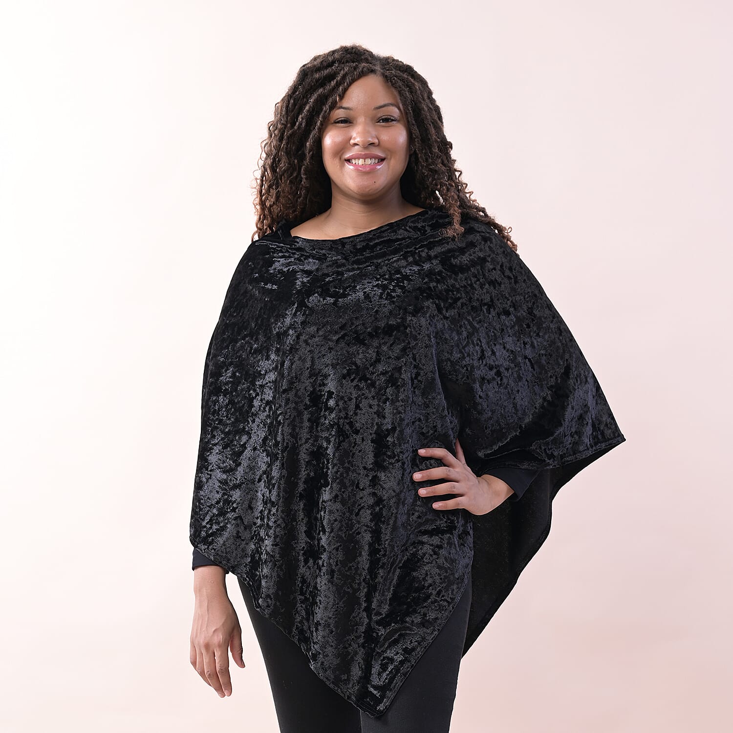 TAMSY Velvet V-Shaped Hem Women's Poncho - Black 6708425 0