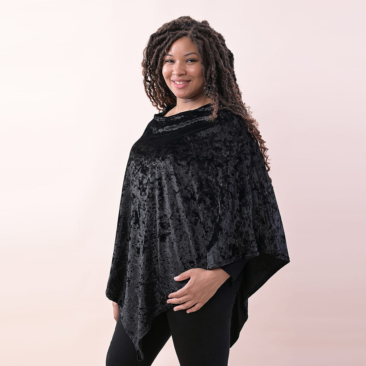 TAMSY Velvet V-Shaped Hem Women's Poncho - Black 6708425 2