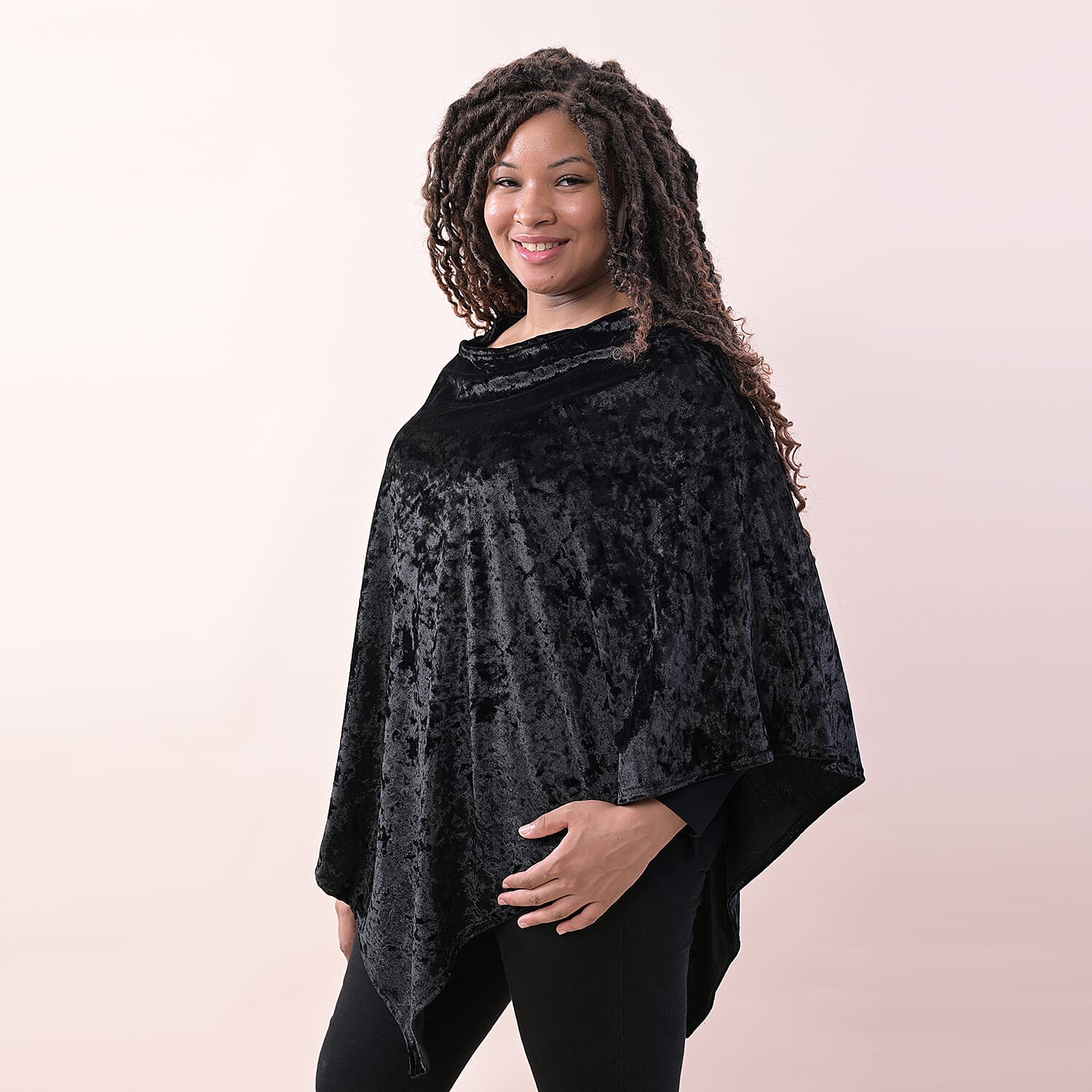 TAMSY Velvet V-Shaped Hem Women's Poncho - Black 6708425 2