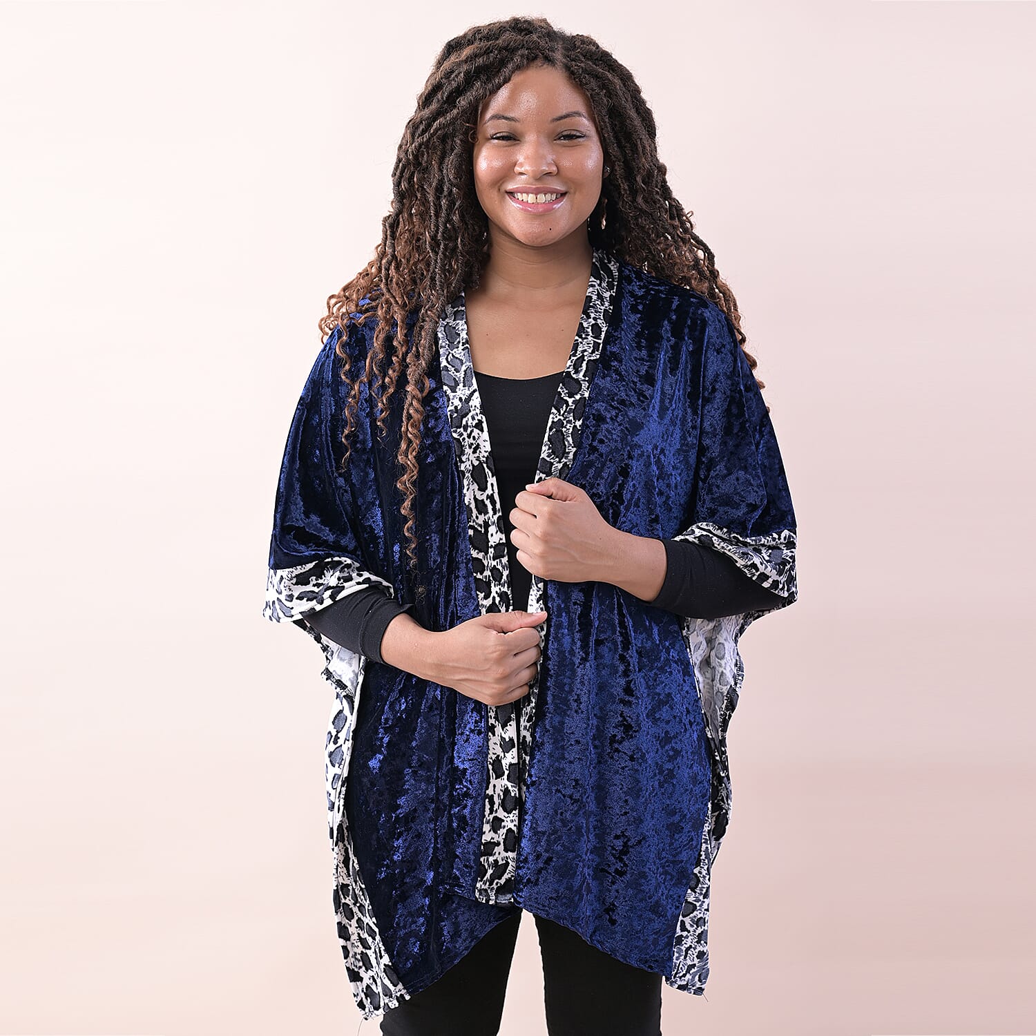 TAMSY Velvet Women's Kimono with Leopard Print Border - Navy 6708432 3