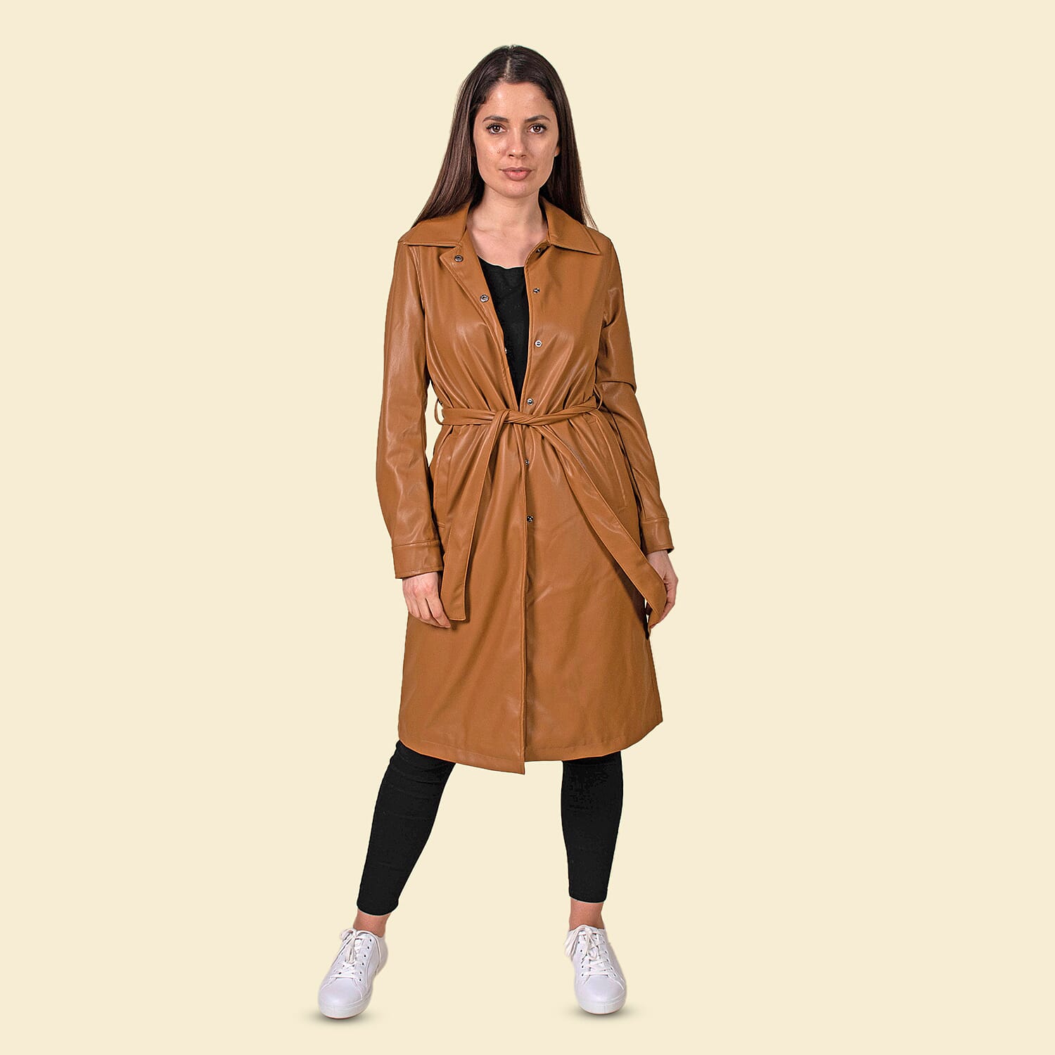 TAMSY Women's Long Coat with Adjustable Waist Belt - Tan 3868123 0