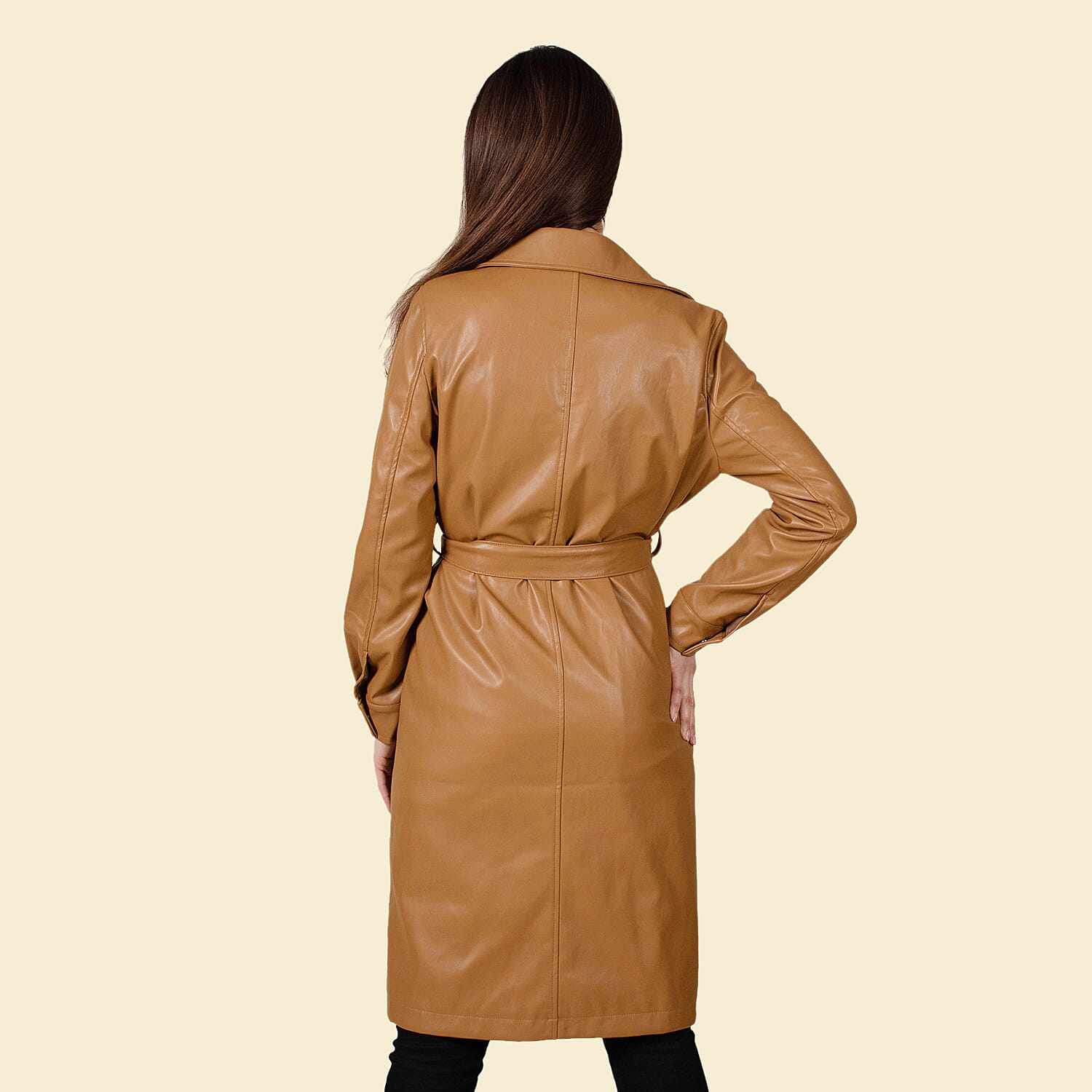 TAMSY Women's Long Coat with Adjustable Waist Belt - Tan 3868123 1