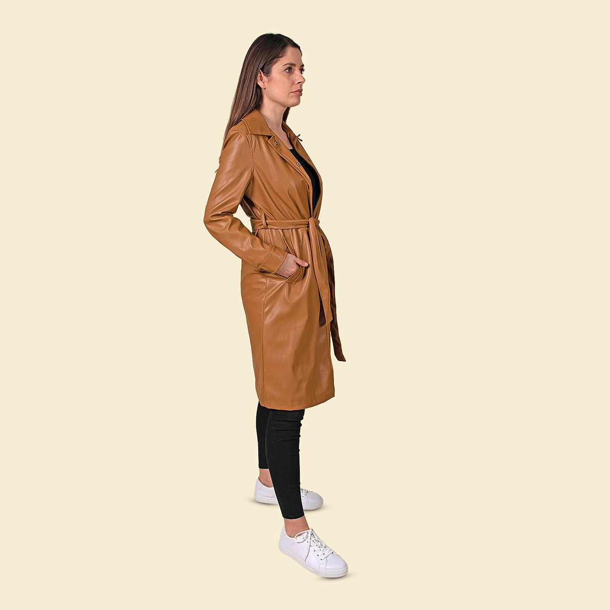 TAMSY Women's Long Coat with Adjustable Waist Belt - Tan 3868123 2