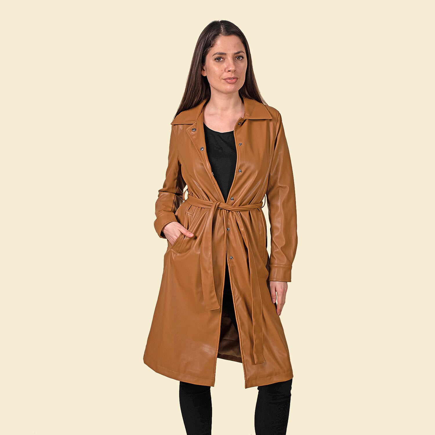 TAMSY Women's Long Coat with Adjustable Waist Belt - Tan 3868123 3