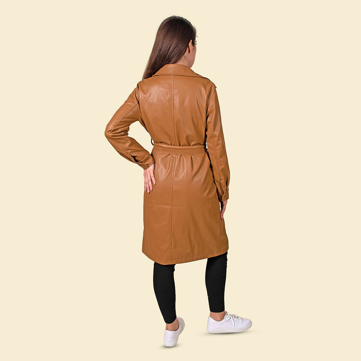 TAMSY Women's Long Coat with Adjustable Waist Belt - Tan 3868123 4