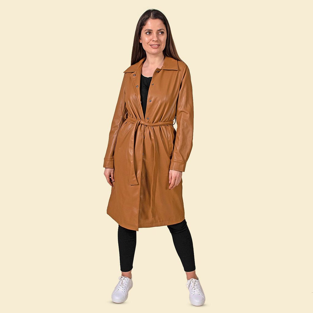 TAMSY Faux Leather Belted Long Coat (Size L, 16-18) - Tan