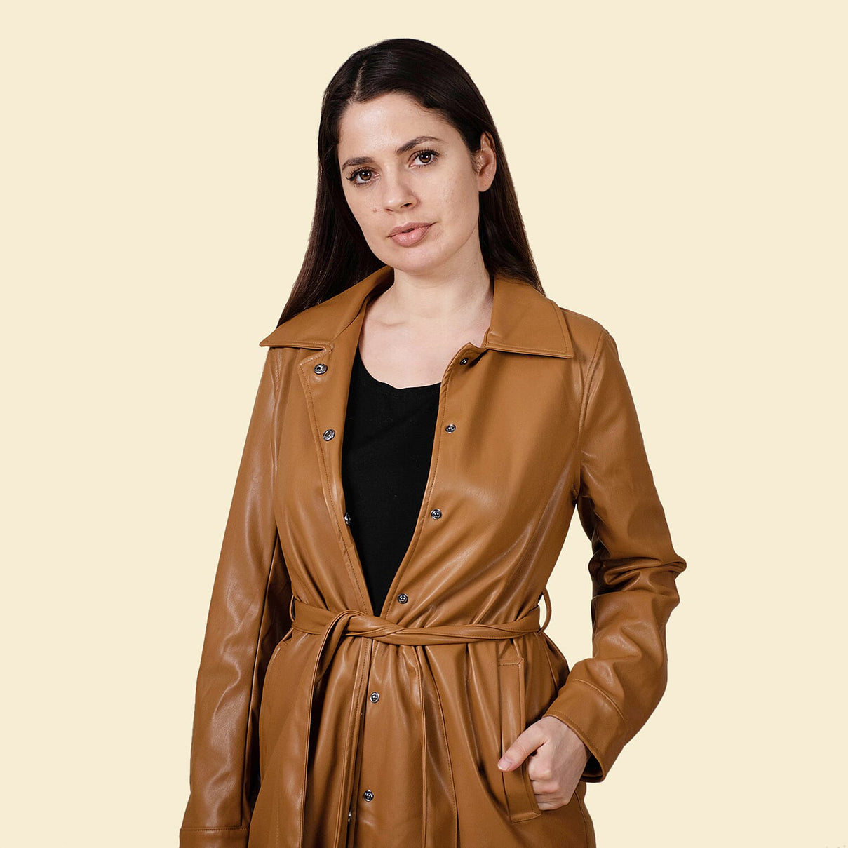 TAMSY Women's Long Coat with Adjustable Waist Belt - Tan 3868123 6