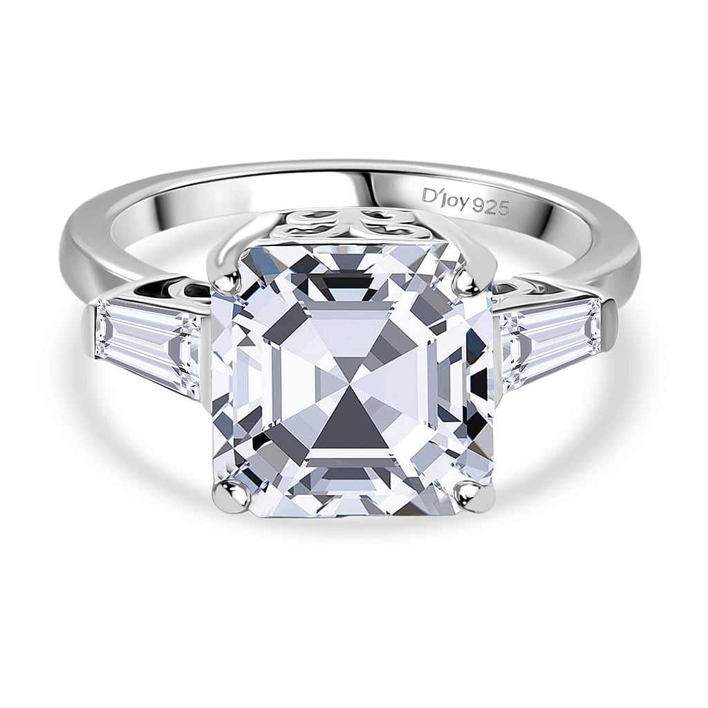 D'Joy Regal Royal Asscher Cut Moissanite Ring in Rhodium Overlay Sterling Silver 5.64 Ct.
