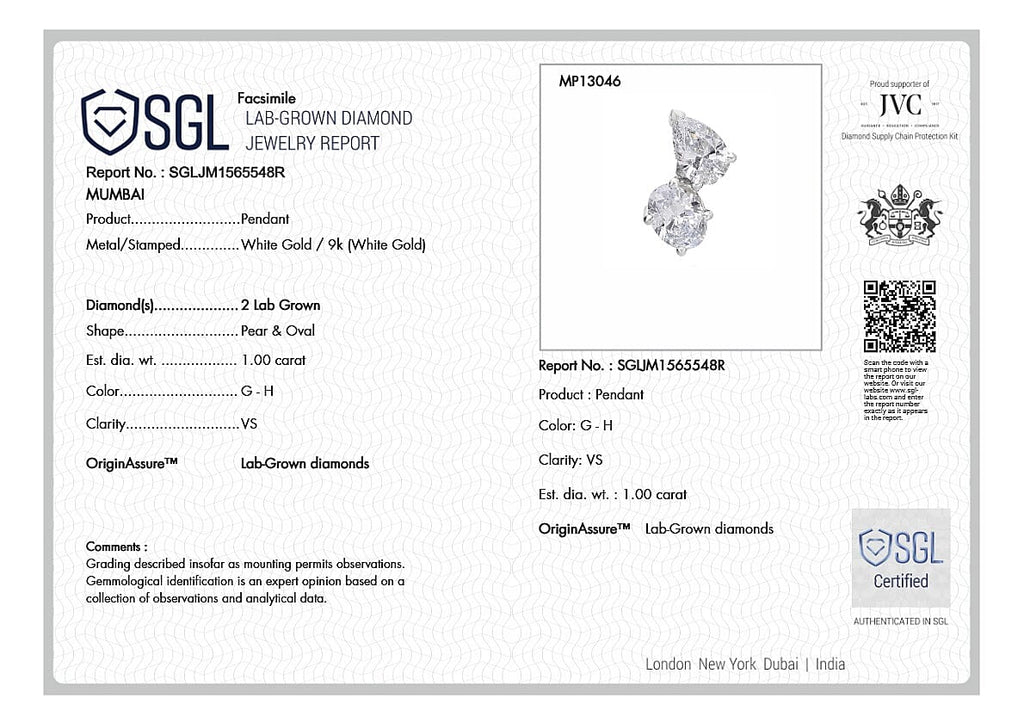 Designer Inspired - THE TOI ET MOI Luxuriant Diamond 9K White Gold SGL Certified Lab Grown Diamond (VS-GH) Solitaire Pendant 1.00 Ct.