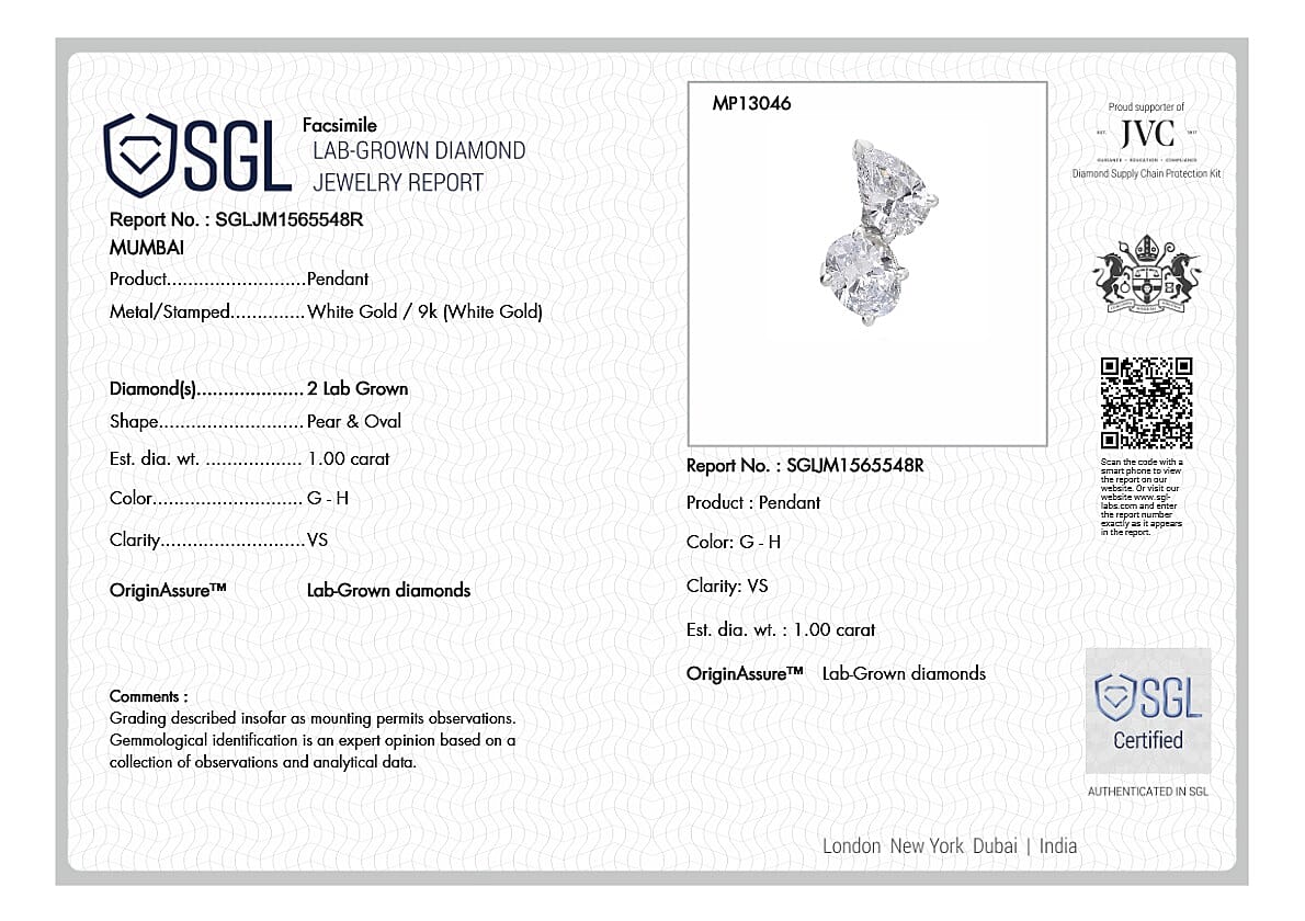 THE TOI ET MOI LUXURIANT 1 Ct. Lab Grown Diamond Solitaire Pendant in 9K White Gold, SGL Certified 8075079 7