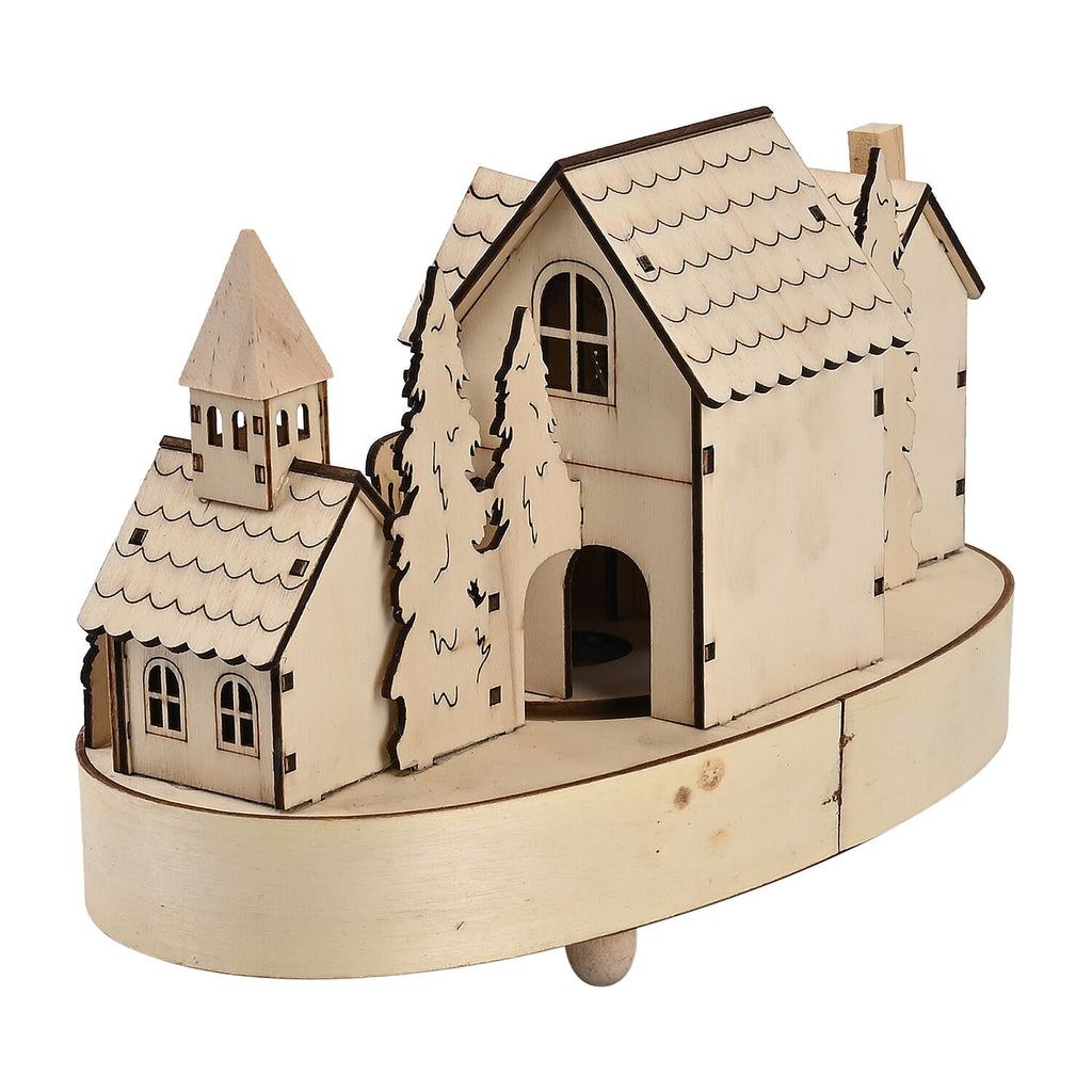 Rotating Plywood House with LED Light and Music (Battery 2AA, Excluded) - Multi