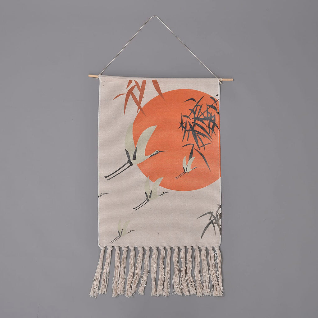 TJC Crane Bird Pattern Wall Hanging Tapestry with Tassel (Size 65x50x18 Cm) - Orange, Cream & Green