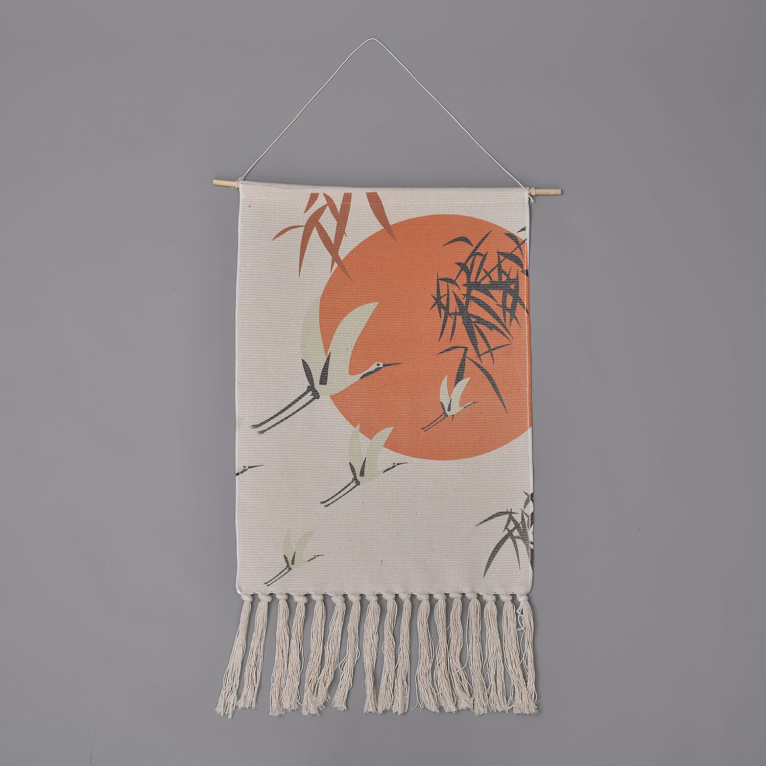 TJC Crane Bird Pattern Wall Hanging Tapestry with Tassel - Orange, Cream and Green 7332195 0