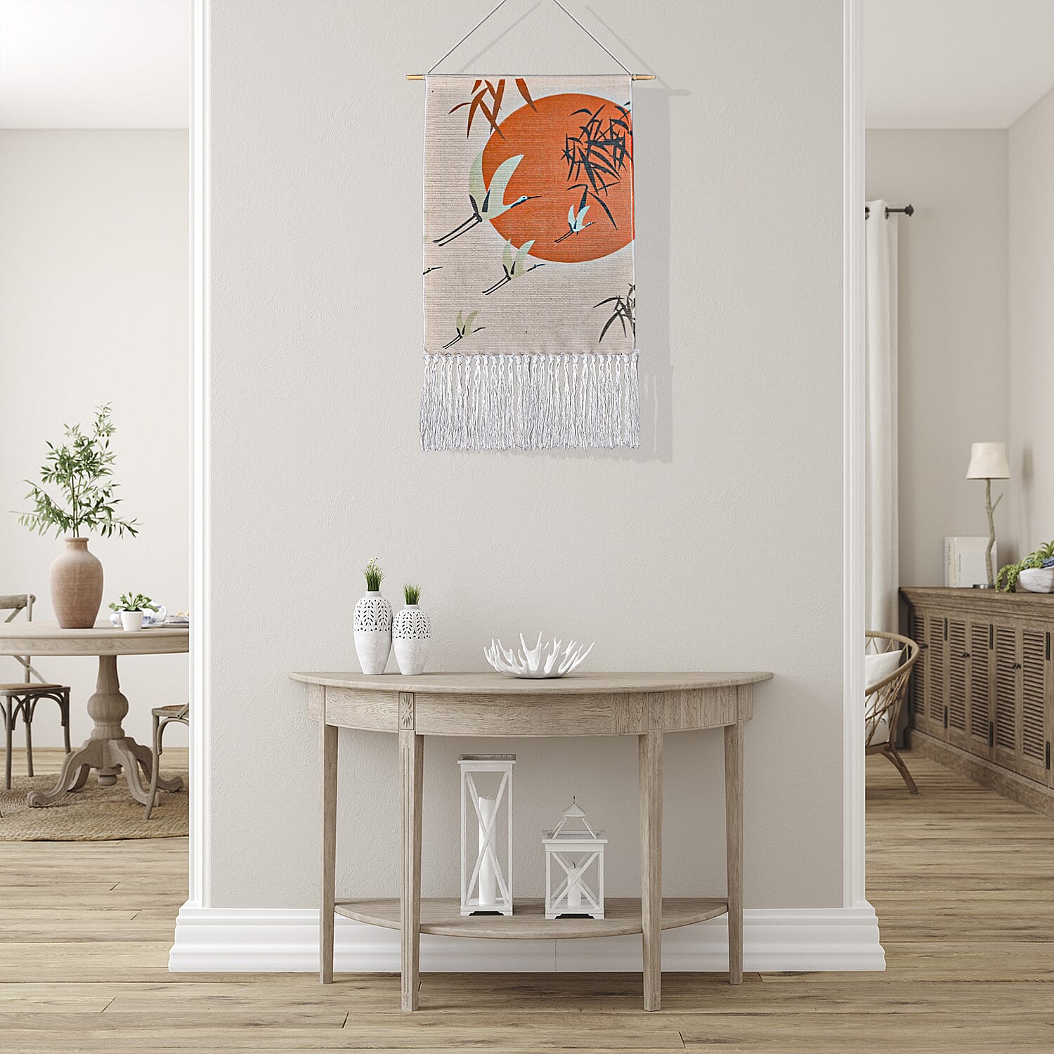 TJC Crane Bird Pattern Wall Hanging Tapestry with Tassel - Orange, Cream and Green 7332195 2