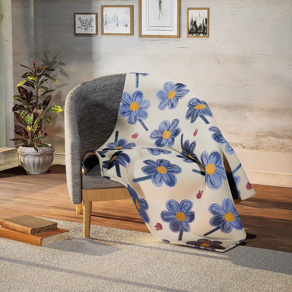 Floral Print Super Soft Fleece Blanket (200x150 cm) - Light Cream and Blue