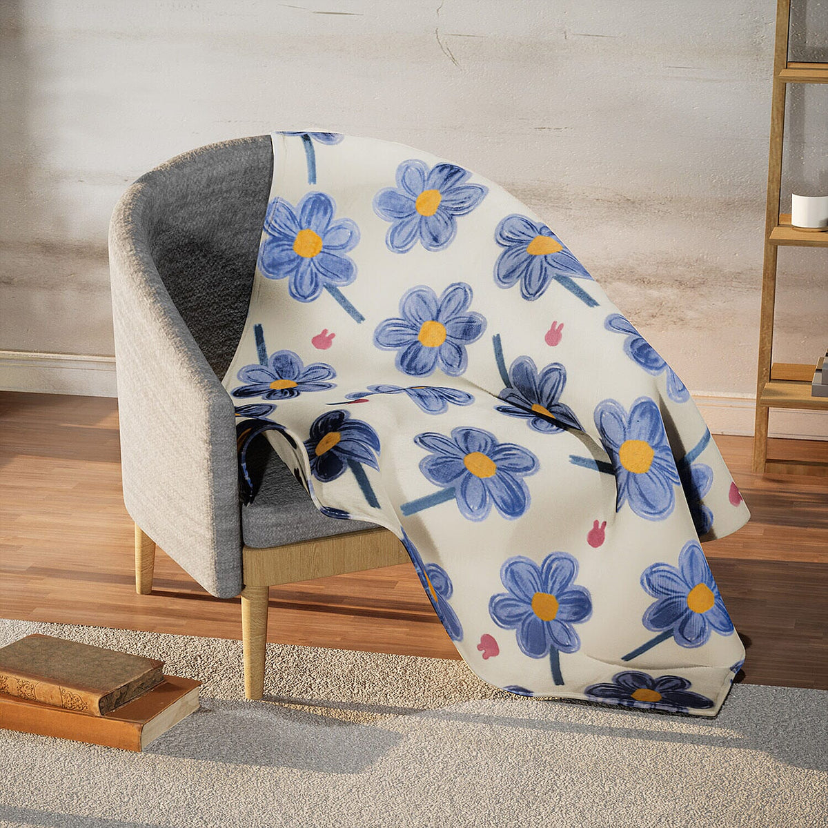 Floral Print Super Soft Fleece Blanket (200x150 cm) - Light Cream and Blue 7276515 2