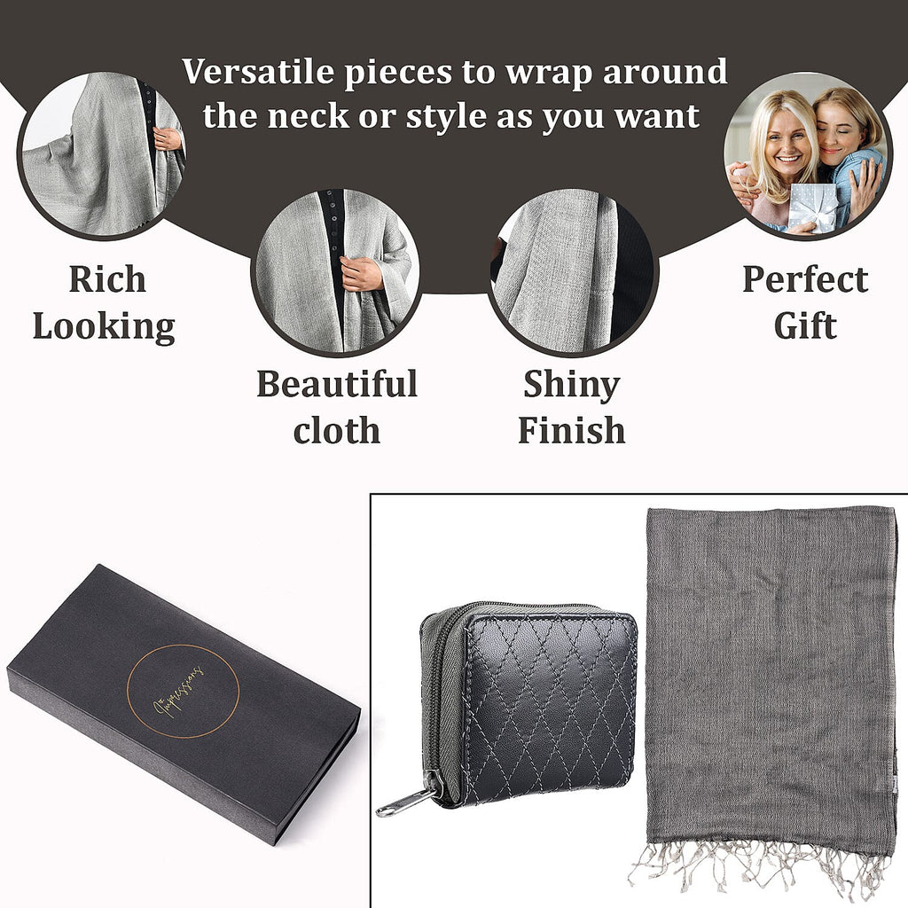 RFID Protected Leather Wallet and Stole (Size 195x68 Cm) - Grey