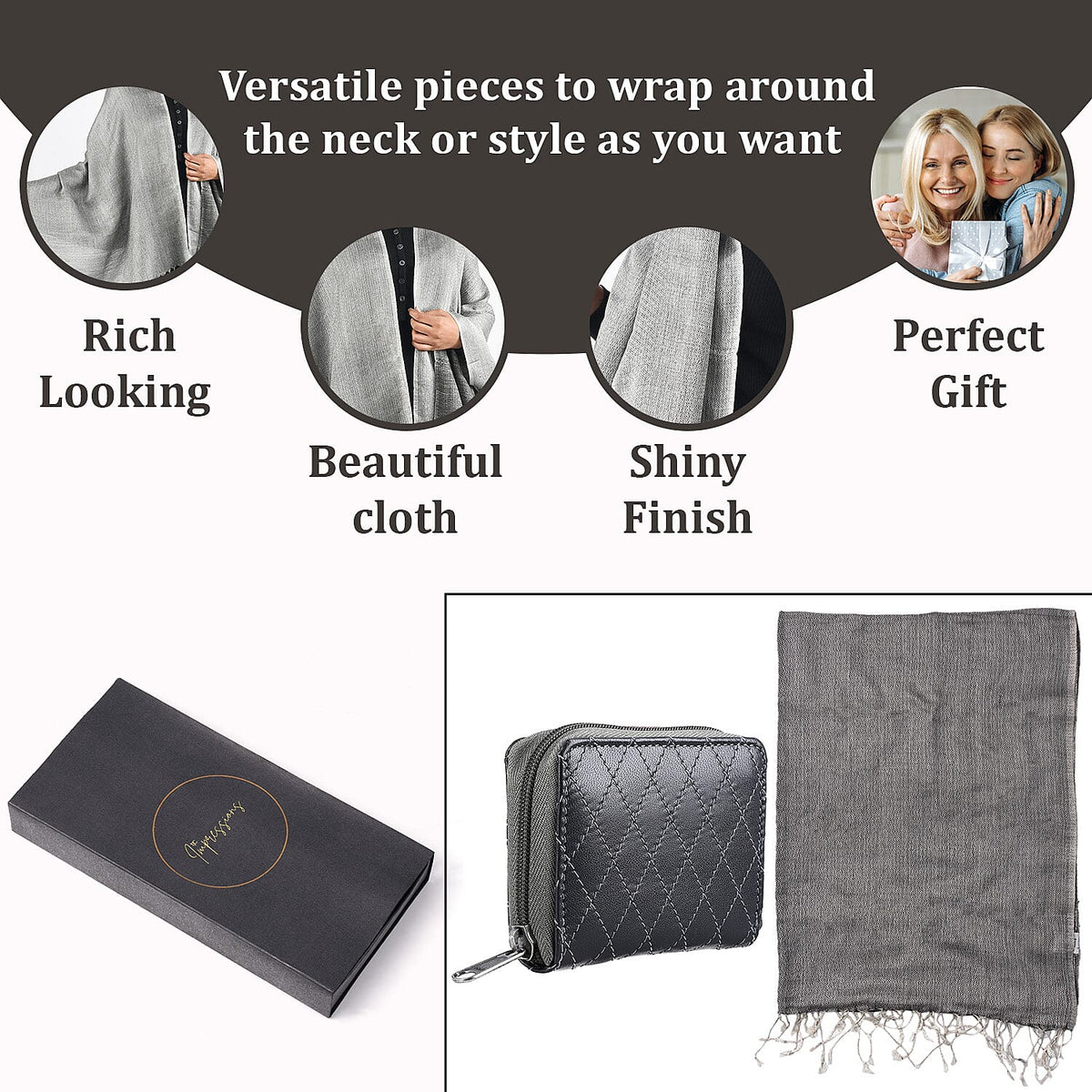 Gift Box with RFID Protected Leather Wallet and Stole (Size 195x68 Cm) - Grey 4007817 3