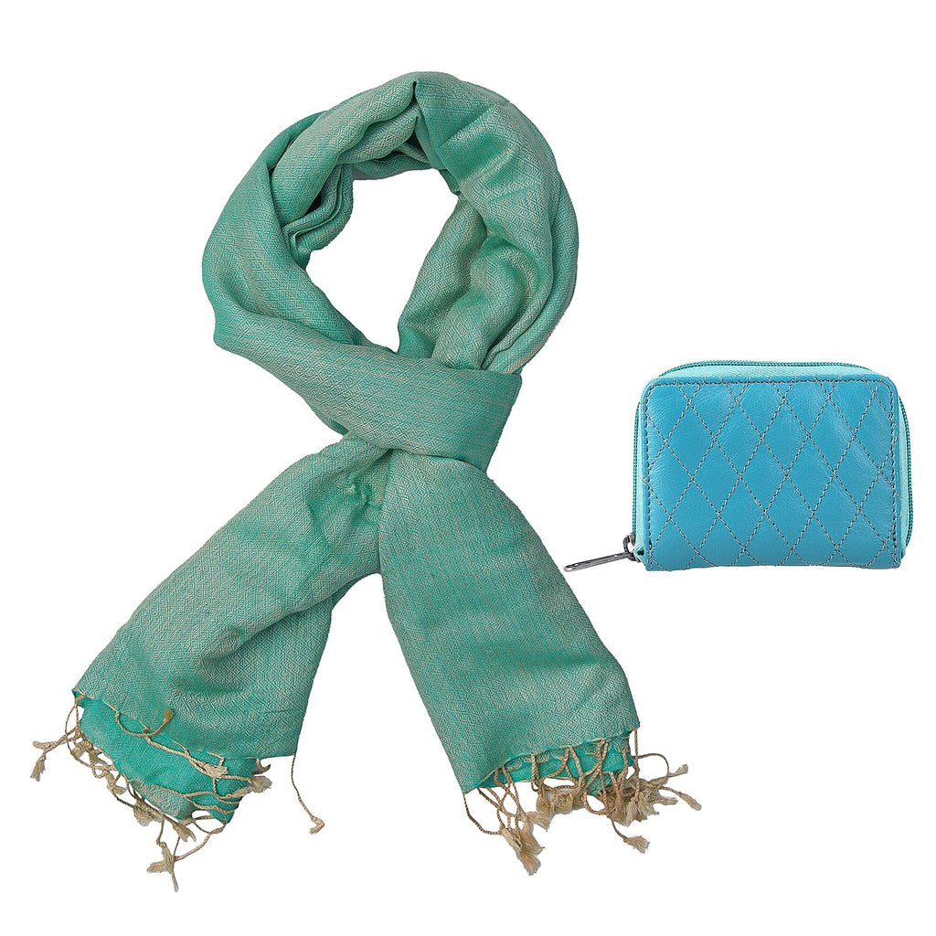 2 piece Set - Gift Box with RFID Protected Leather Wallet and Merino Wool Scarf set (Size 195x68 Cm) - Light Green - Teal