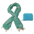 2 piece Set - Gift Box with RFID Protected Leather Wallet and Merino Wool Scarf set (Size 195x68 Cm) - Light Green - Teal