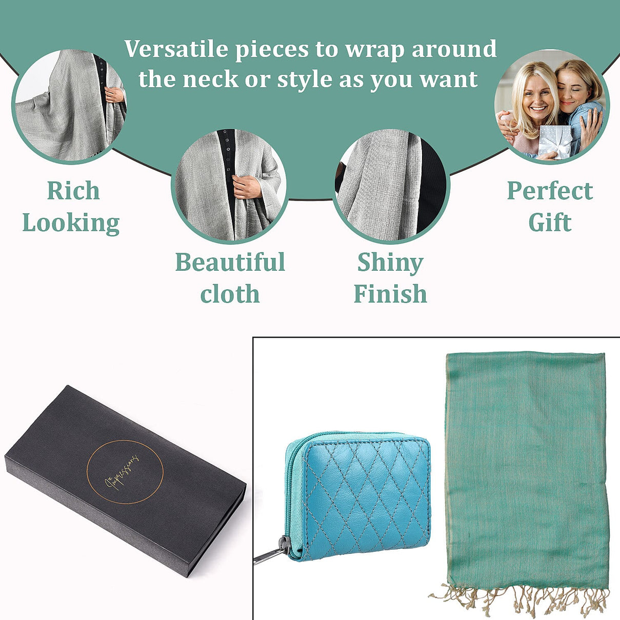 2 piece Set - Gift Box with RFID Protected Leather Wallet and Stole (Size 195x68 Cm) - Light Green and Teal 4007818 2