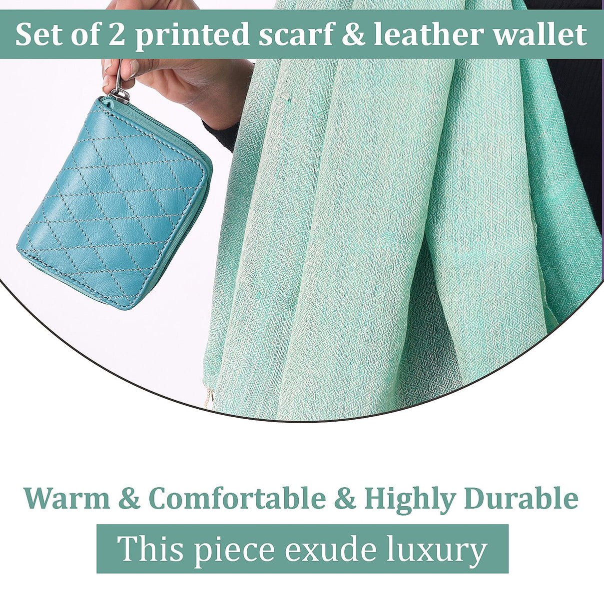 2 piece Set - Gift Box with RFID Protected Leather Wallet and Stole (Size 195x68 Cm) - Light Green and Teal 4007818 3