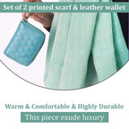 2 piece Set - Gift Box with RFID Protected Leather Wallet and Merino Wool Scarf set (Size 195x68 Cm) - Light Green - Teal
