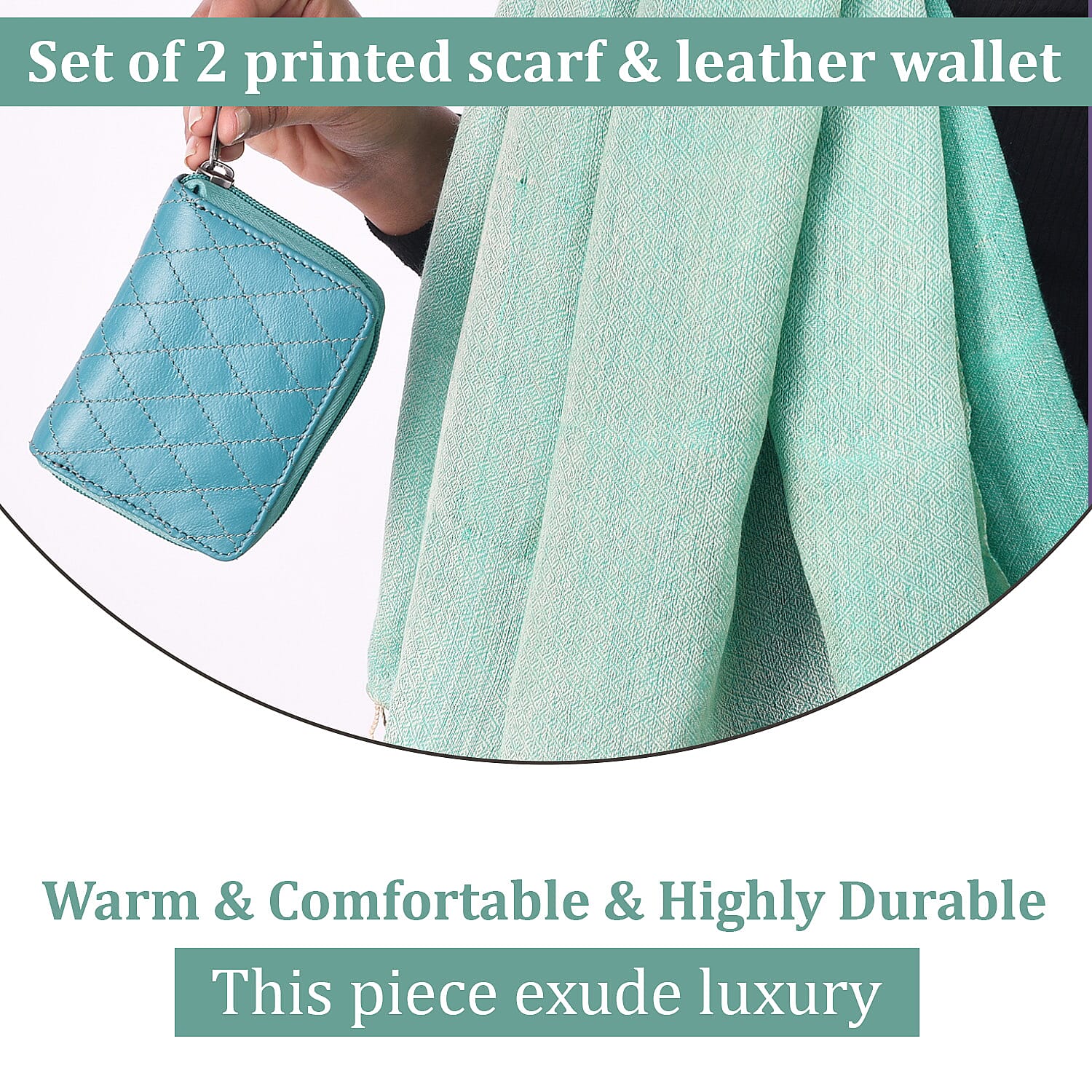 2 piece Set - Gift Box with RFID Protected Leather Wallet and Stole (Size 195x68 Cm) - Light Green and Teal 4007818 3