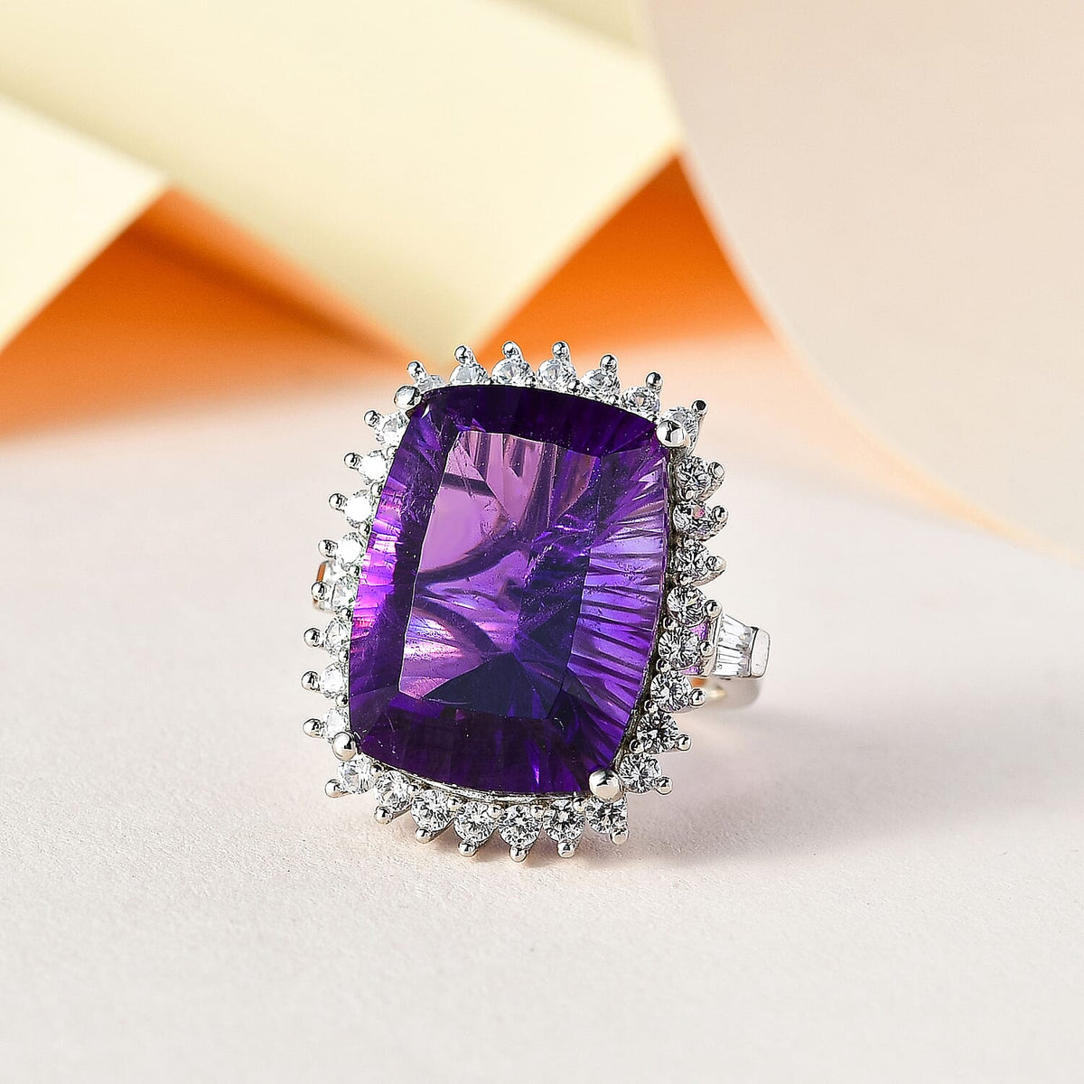 TJC Launch Concave Cut Amethyst &amp; Natural Zircon Ring in Platinum Overlay Sterling Silver 20.32 Ct, Silver Wt. 5.63 Gms. 7522906 4