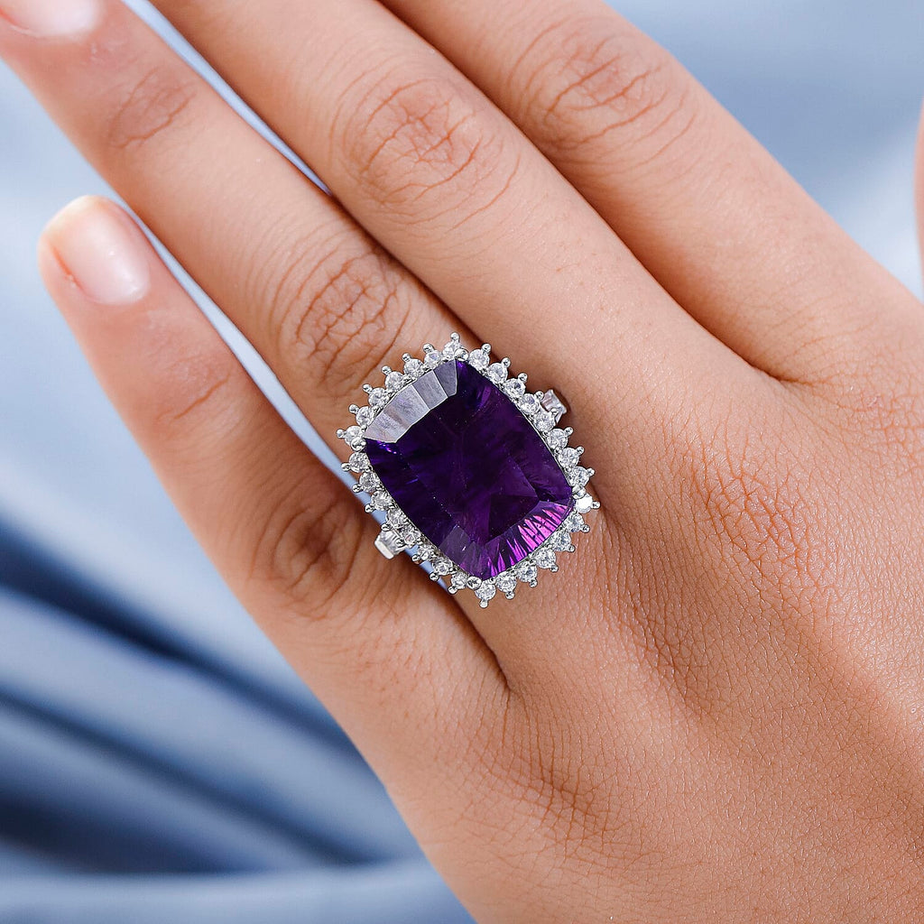 TJC Launch Concave Cut Amethyst & Natural Zircon Ring in Platinum Overlay Sterling Silver 20.32 Ct, Silver Wt. 5.63 Gms.