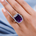 TJC Launch Concave Cut Amethyst & Natural Zircon Ring in Platinum Overlay Sterling Silver 20.32 Ct, Silver Wt. 5.63 Gms.