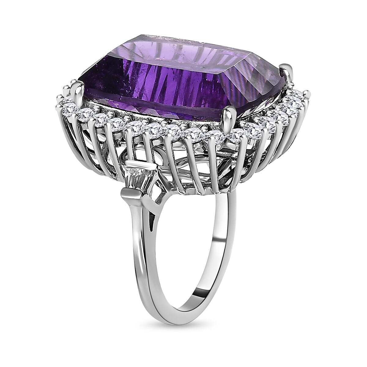 TJC Launch Concave Cut Amethyst &amp; Natural Zircon Ring in Platinum Overlay Sterling Silver 20.32 Ct, Silver Wt. 5.63 Gms. 7522906 8
