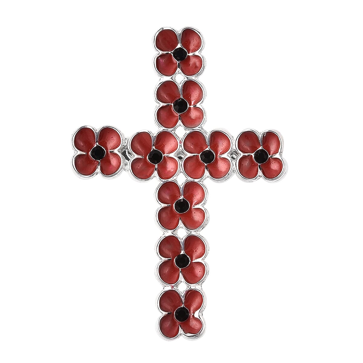TJC Poppy Design - Black Austrian Crystal Enamelled Poppy Flower Cross Brooch in Silver Tone 3664527 0