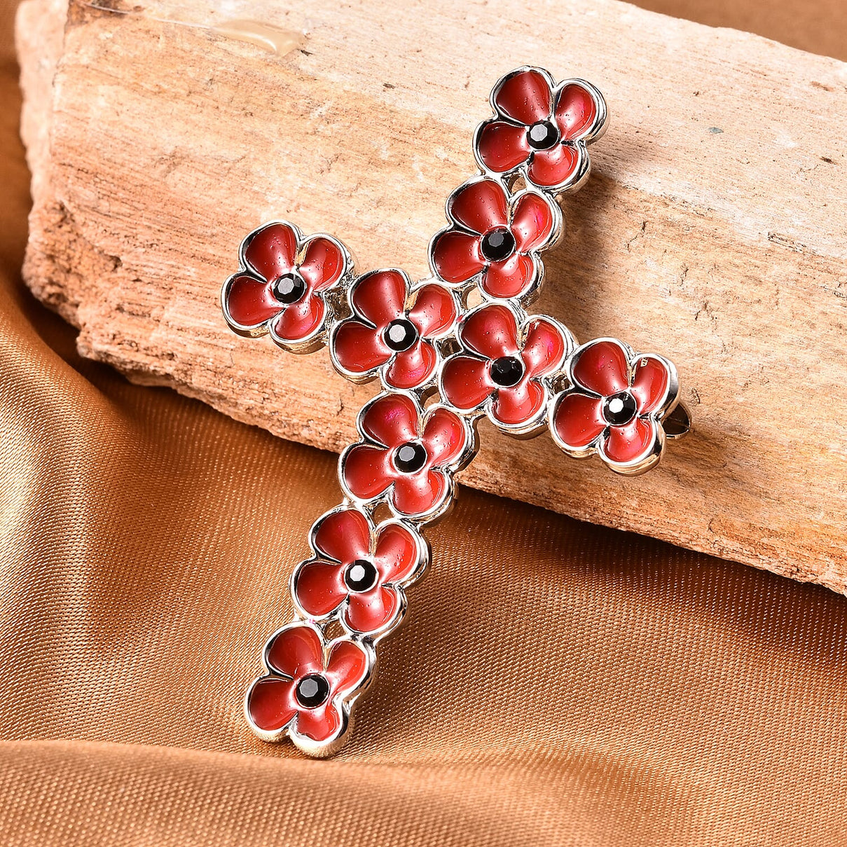 TJC Poppy Design - Black Austrian Crystal Enamelled Poppy Flower Cross Brooch in Silver Tone 3664527 2